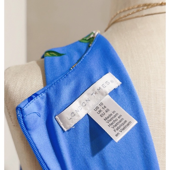 London Times Women's Blue Floral-Print Pleated Keyhole-Neck Midi Dress Size 10 - Picture 6 of 6